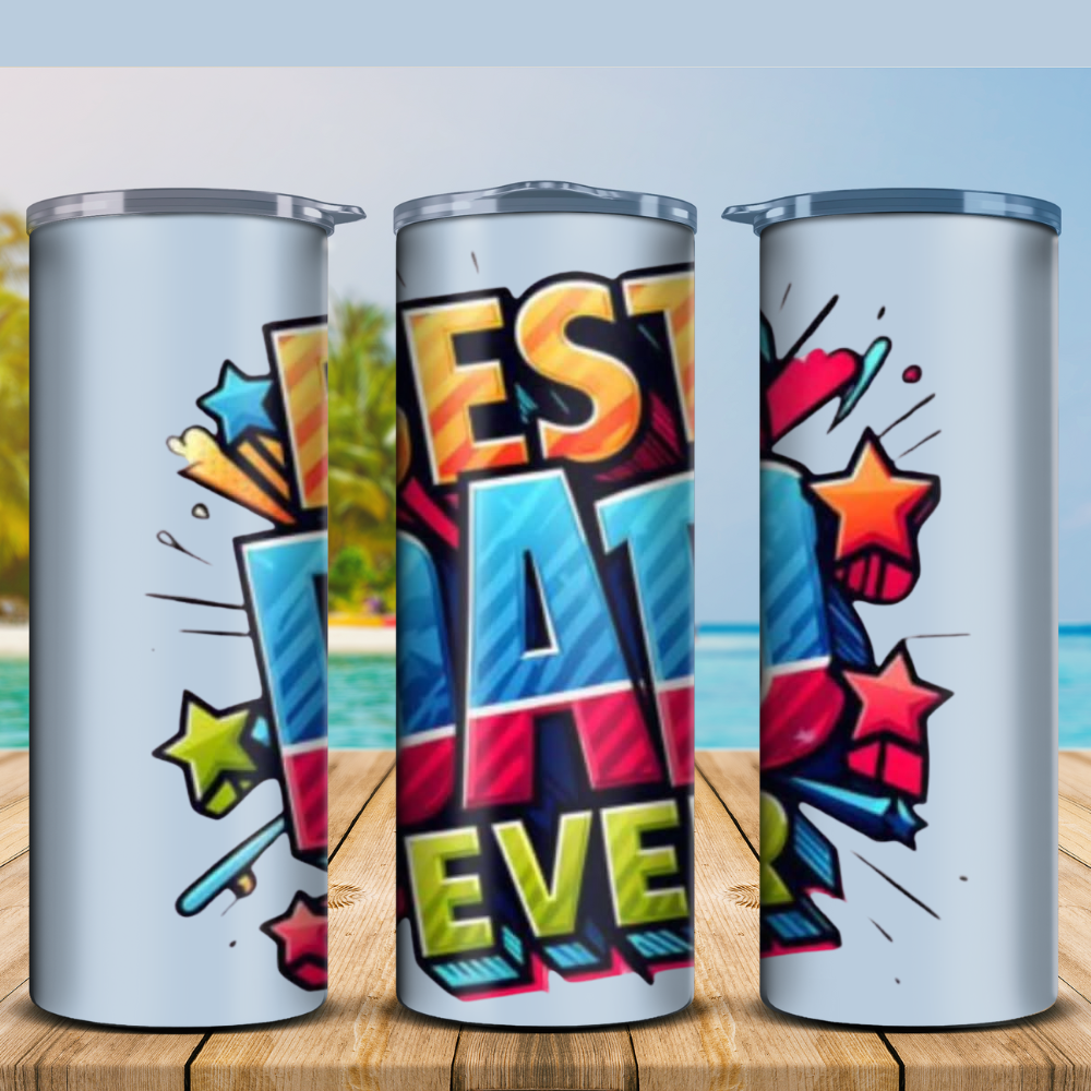 Three colorful tumblers with vibrant designs on a wooden surface with a beach background.